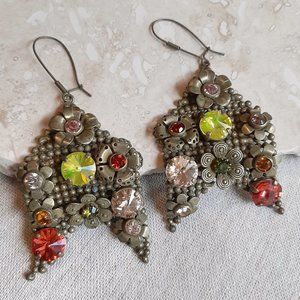 Nikolas Frangos Signed Statement Bronze & Crystal Floral Earrings